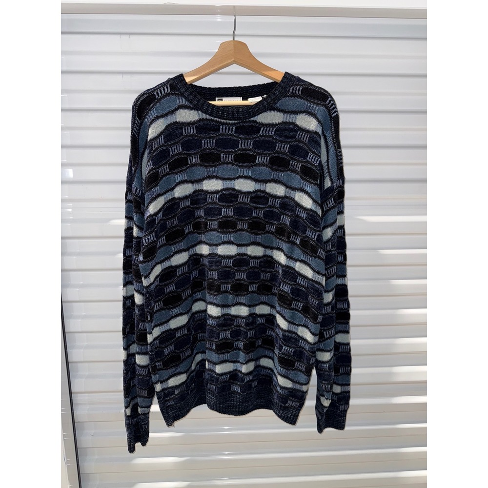 Bachrach Vintage 3D Textured Knit Sweater Mens Large Blue Black Made in USA